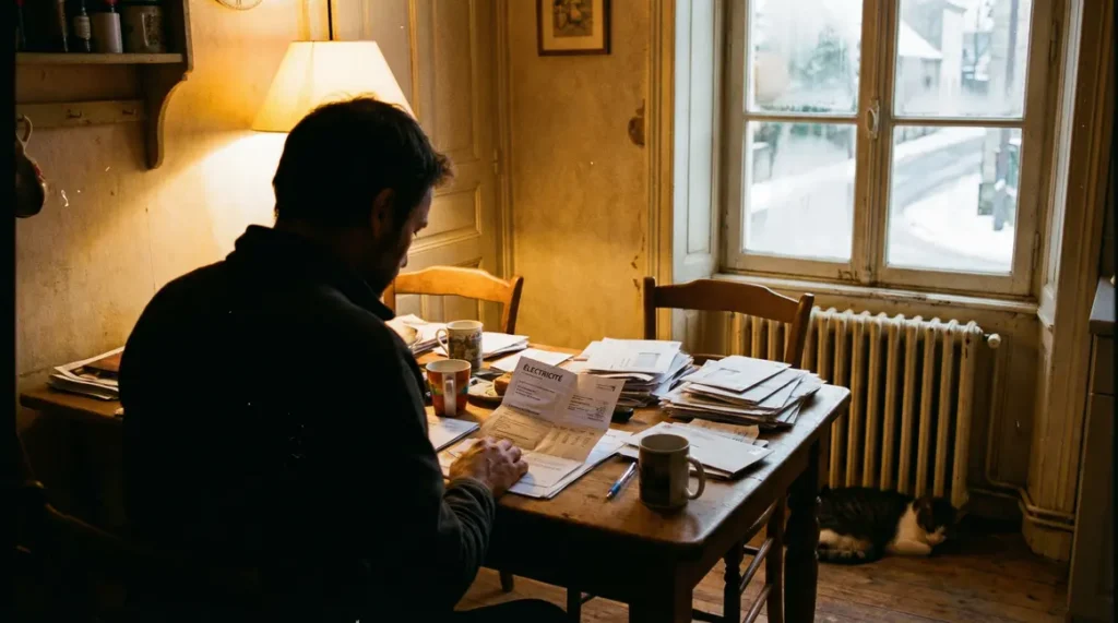 Homme trie facture électricité hiver