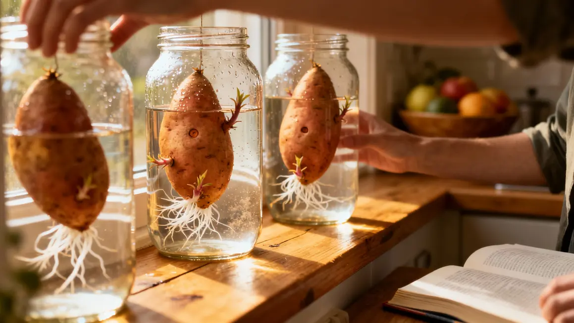 Bocaux avec patates douces germées sur rebord de fenêtre