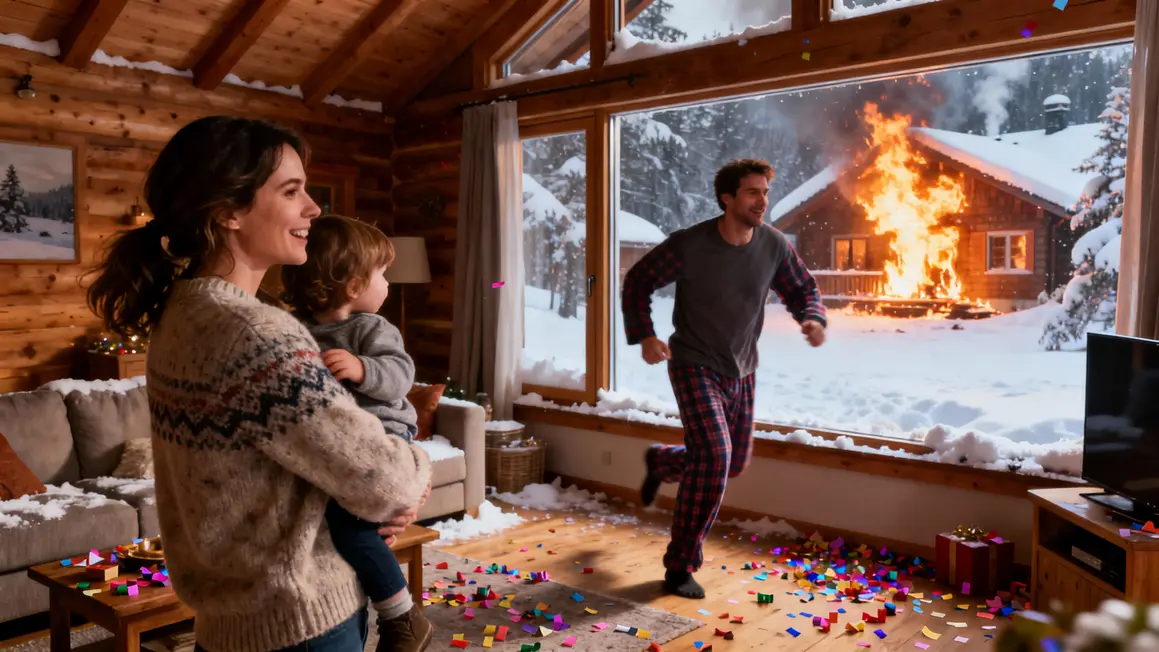 Famille devant incendie chalet ramonage