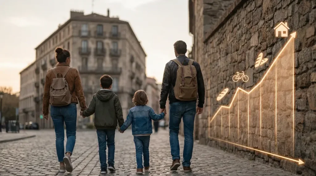 Famille stylisée devant immeuble seuil richesse France