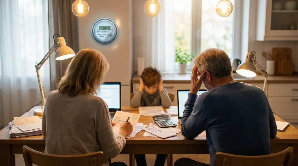 Famille autour de factures électricité, compteur et lampes, ambiance préoccupée