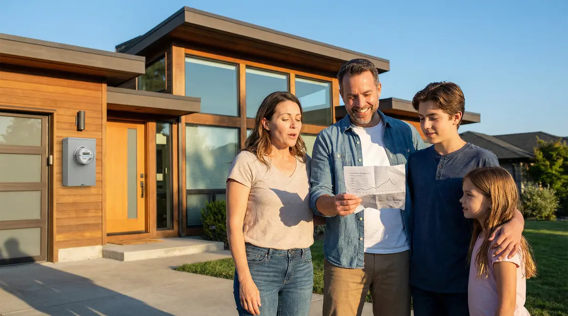 Famille heureuse avec facture electricite allegee devant maison
