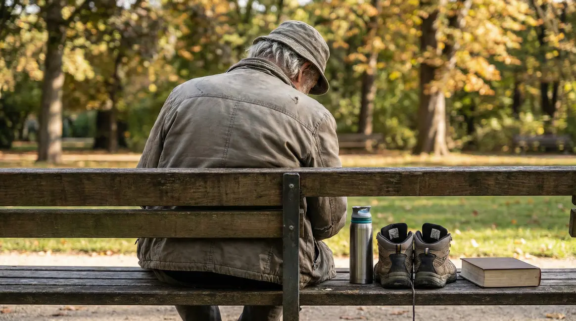 senior fatigue sur banc avec bouteille eau chaussures livre
