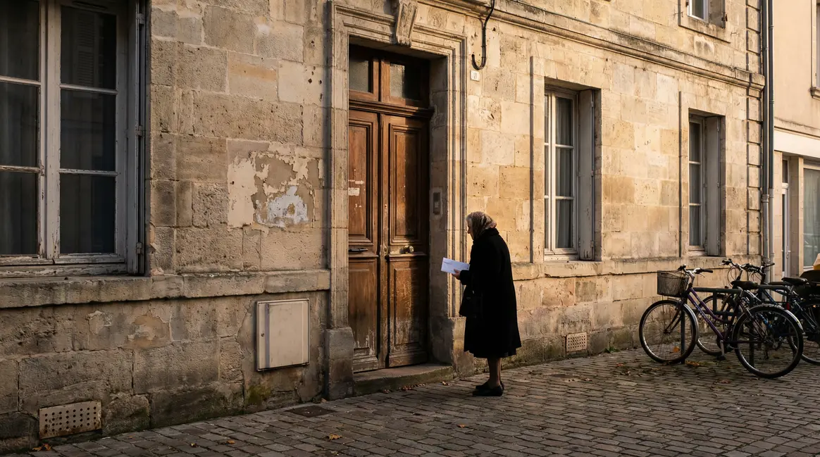 Femme âgée tenant une lettre devant immeuble type Brive