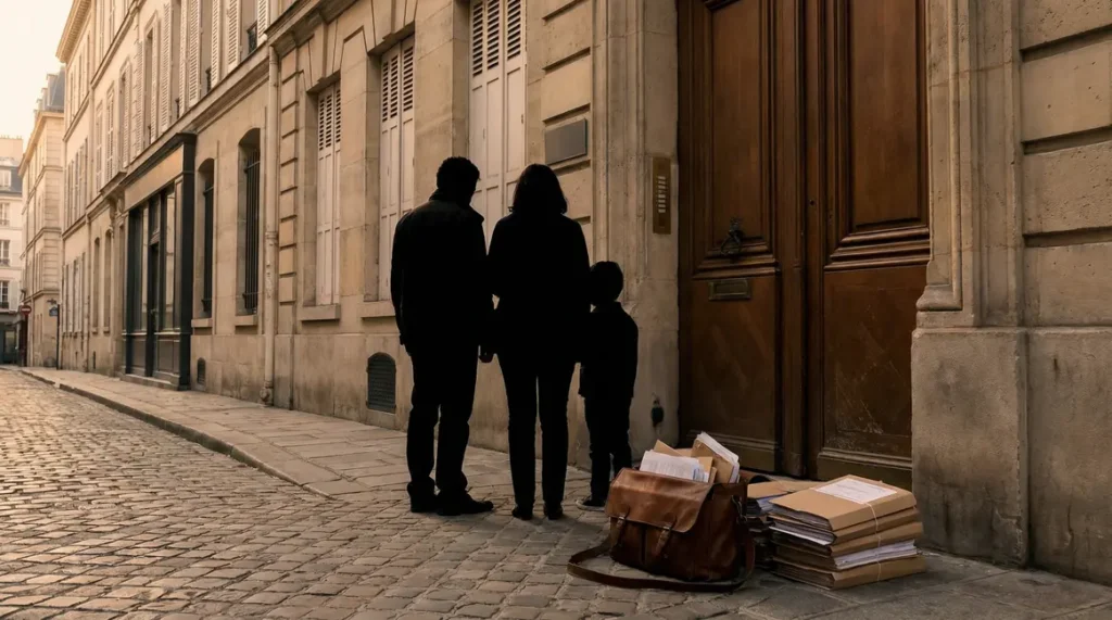 famille devant banque fermée, documents pel