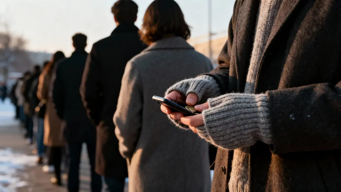 Personnes en file dehors pulls manches XXL gestes quotidiens