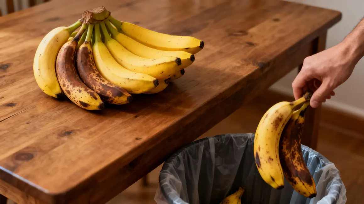 Main jette bananes trop mures gaspillage fruits