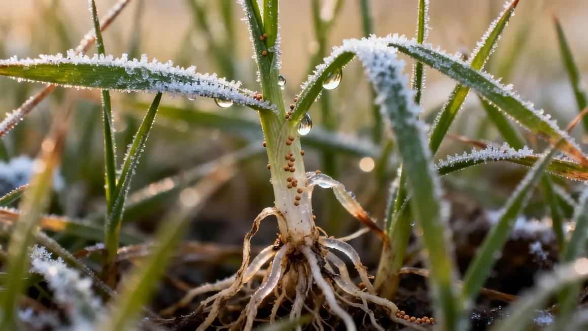 Brins de gazon fragiles givre et engrais azoté