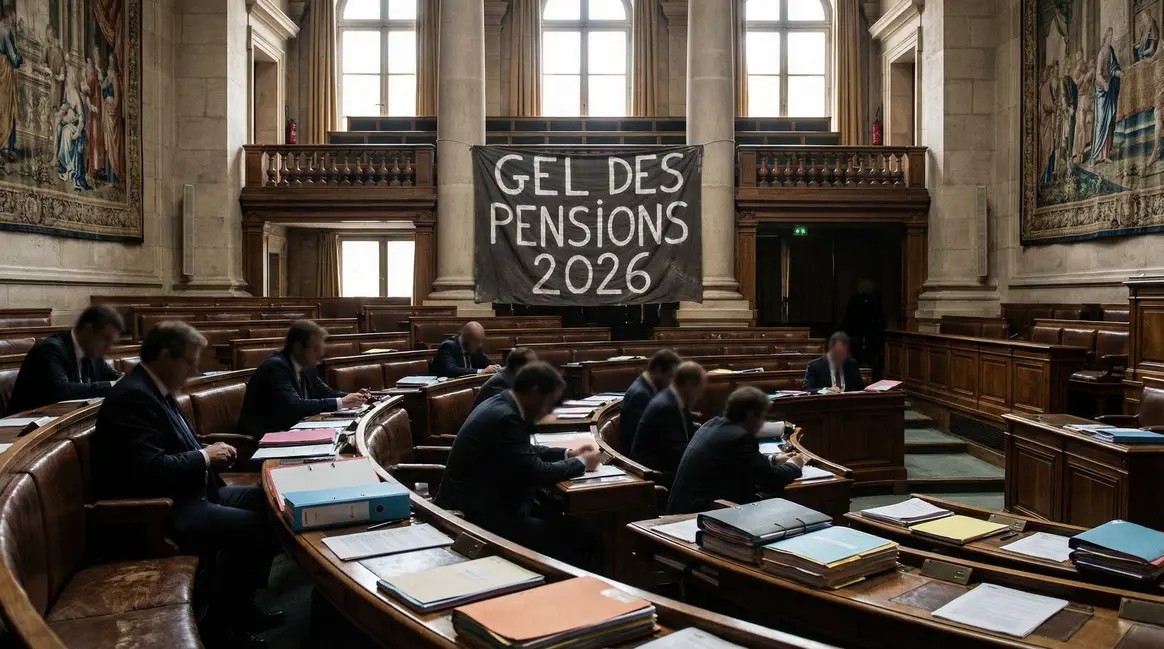 Assemblée nationale, banderole Gel des pensions 2026, débat social