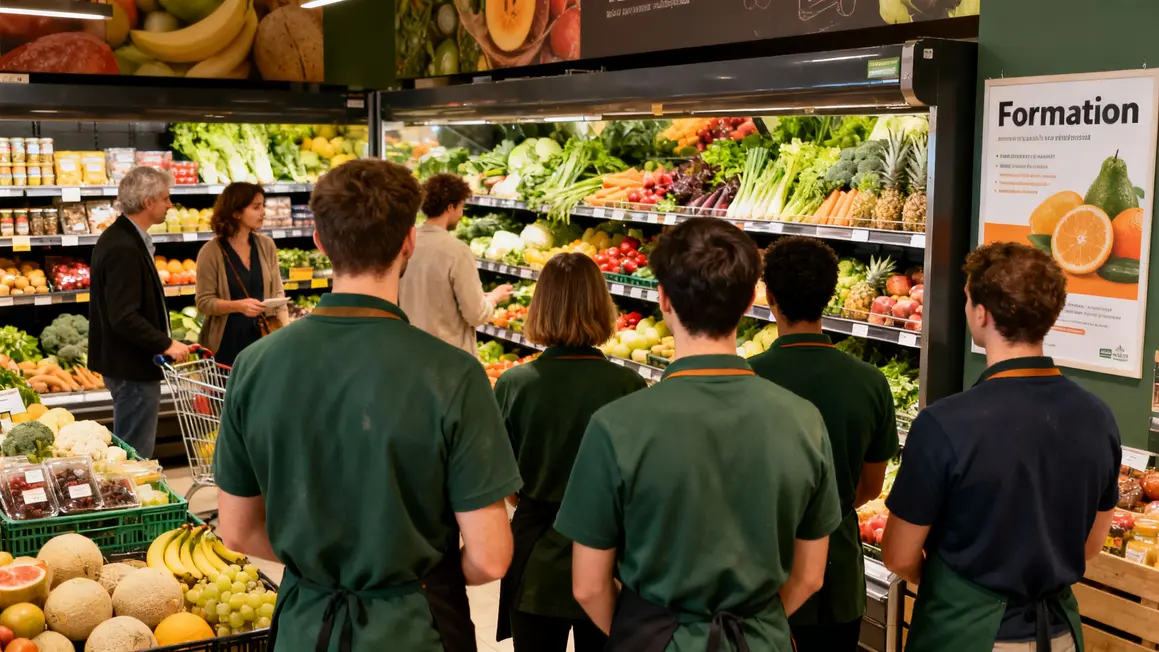 employés GiFi Grand Frais en formation devant rayon frais
