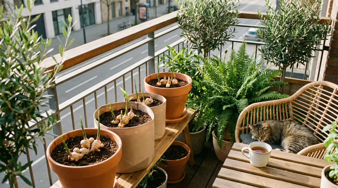 pousses de gingembre bio sur balcon moderne