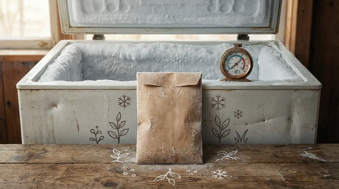 Sachet graines givrées devant congélateur -18°C
