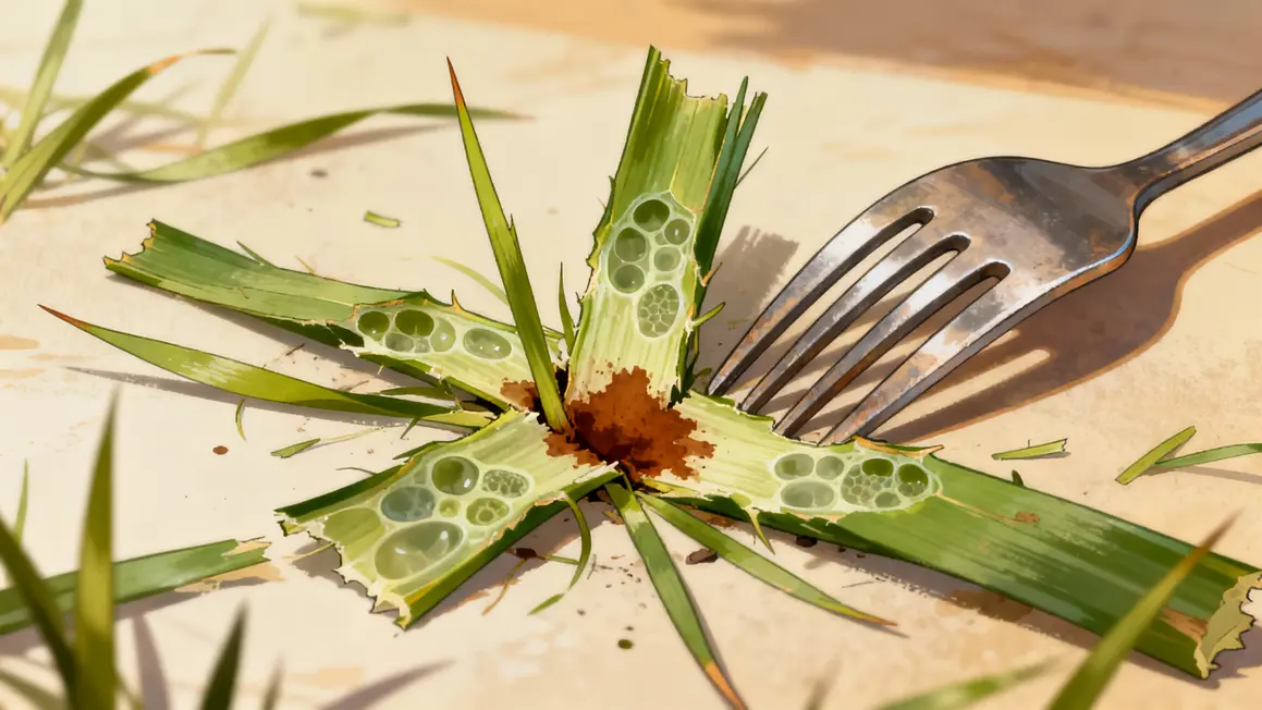 Brins d’herbe cassés avec tache brune et fourche