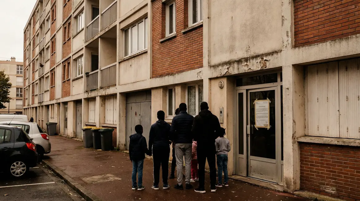Famille devant HLM pancarte administrative logement social