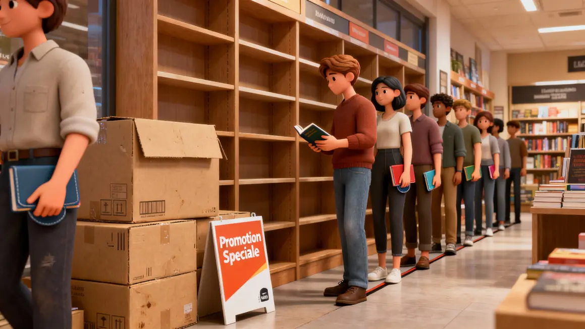 file d’attente en librairie, promotion livre de poche