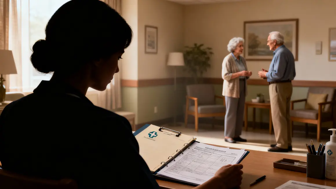 infirmiere consulte dossier avec seniors en residence