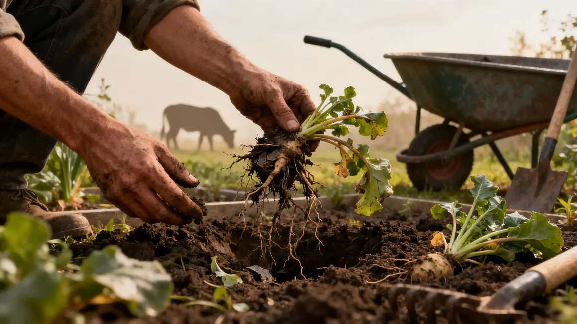 Mains inspectant sol potager, plants saccages, animaux flous