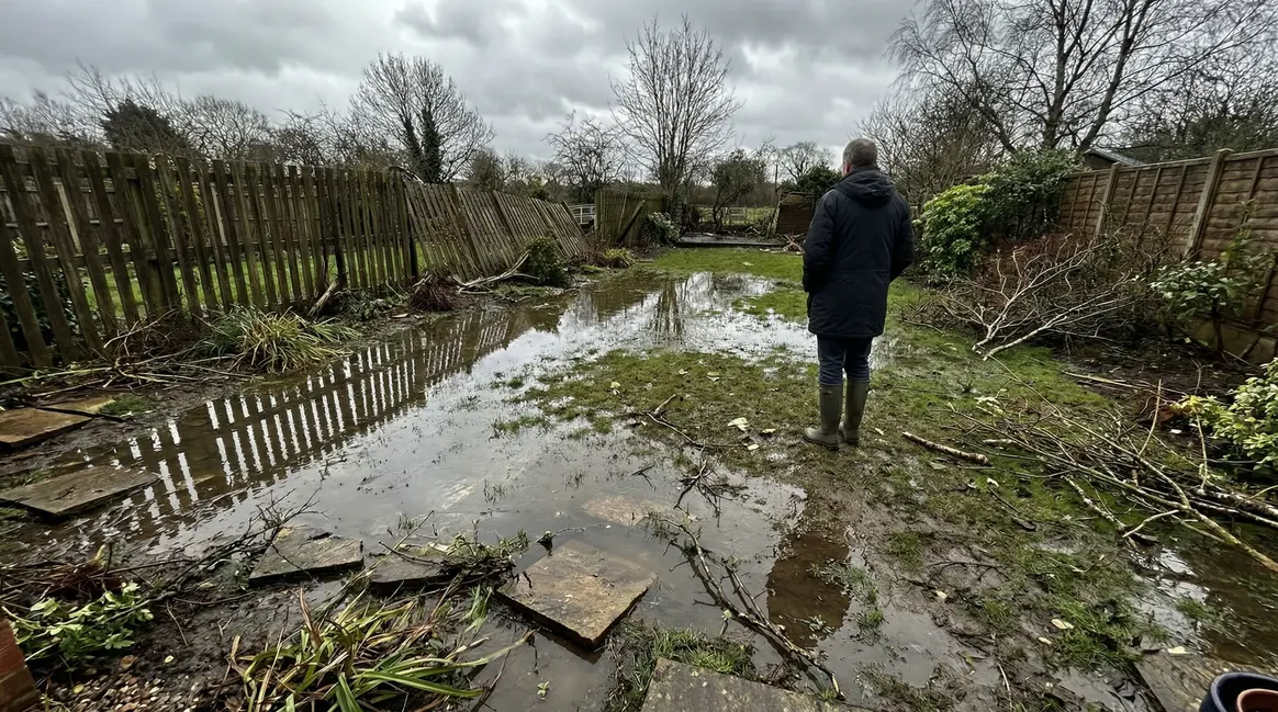 Jardin anglais dévasté après inondation pelouse boue flaques