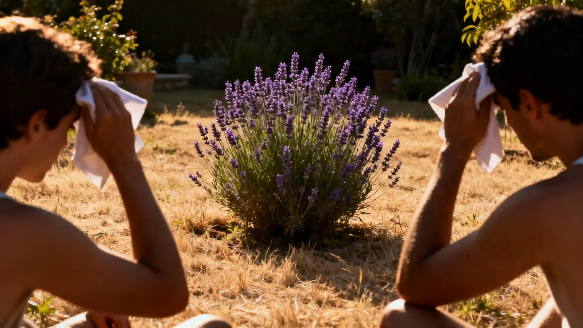 Gazon sec massif lavande silhouettes chaleur jardin