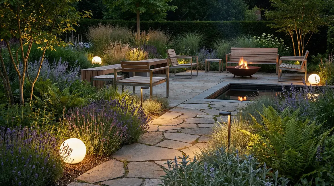 Jardin moderne avec luminaires solaires et plantes vivaces en soirée