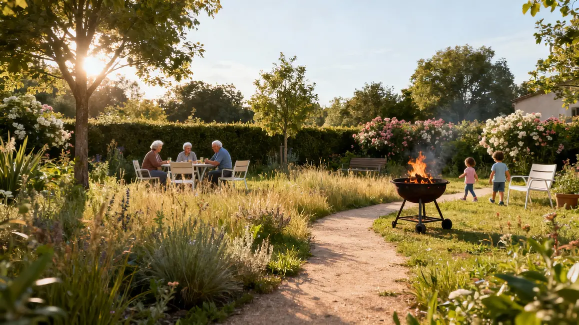 Jardin apaisant, prairie naturelle, mobilier léger, accès facile