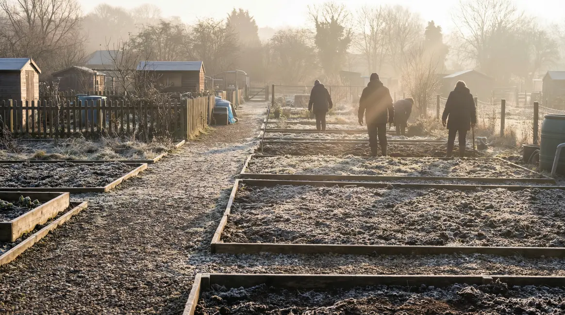 Jardin familial en hiver avec gravier, terre nue et givre