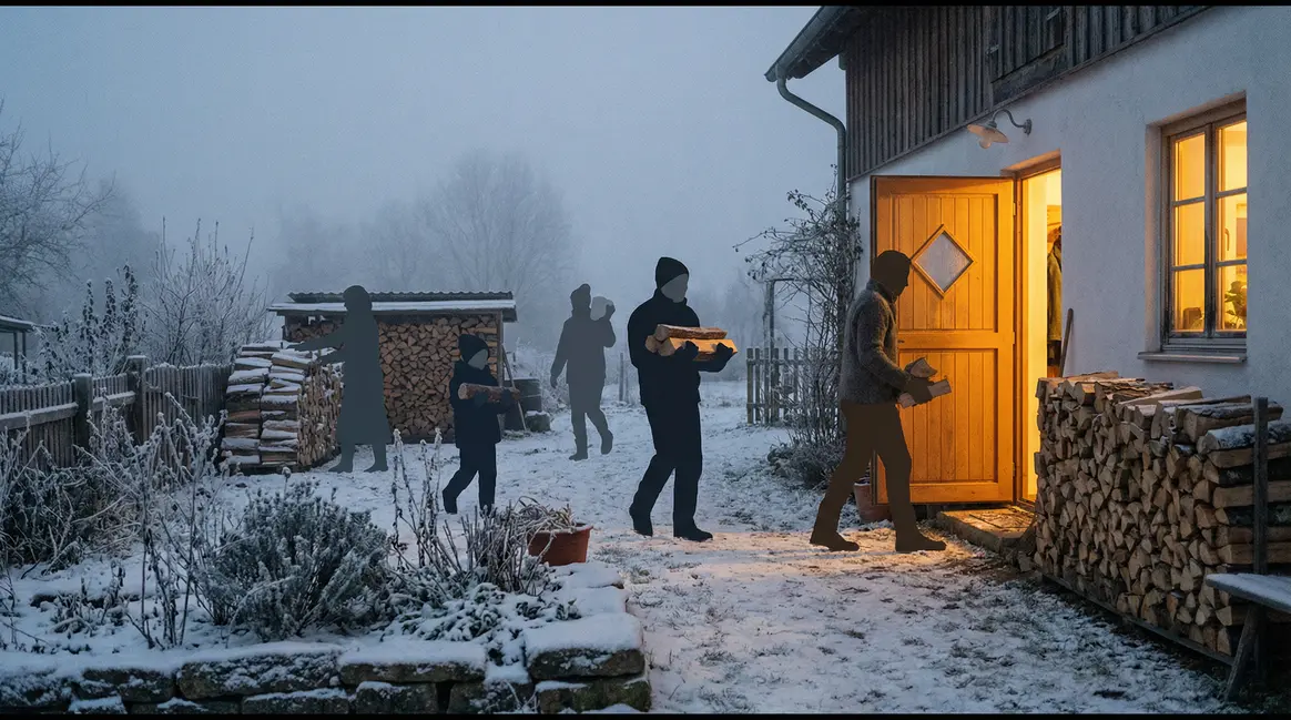Paysage hiver jardin bois chauffage brume