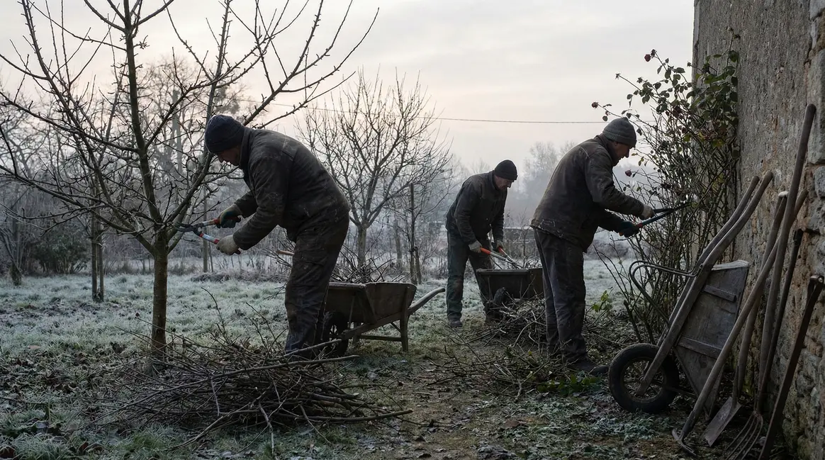 Jardinier taille arbres fruitiers rosiers en hiver France