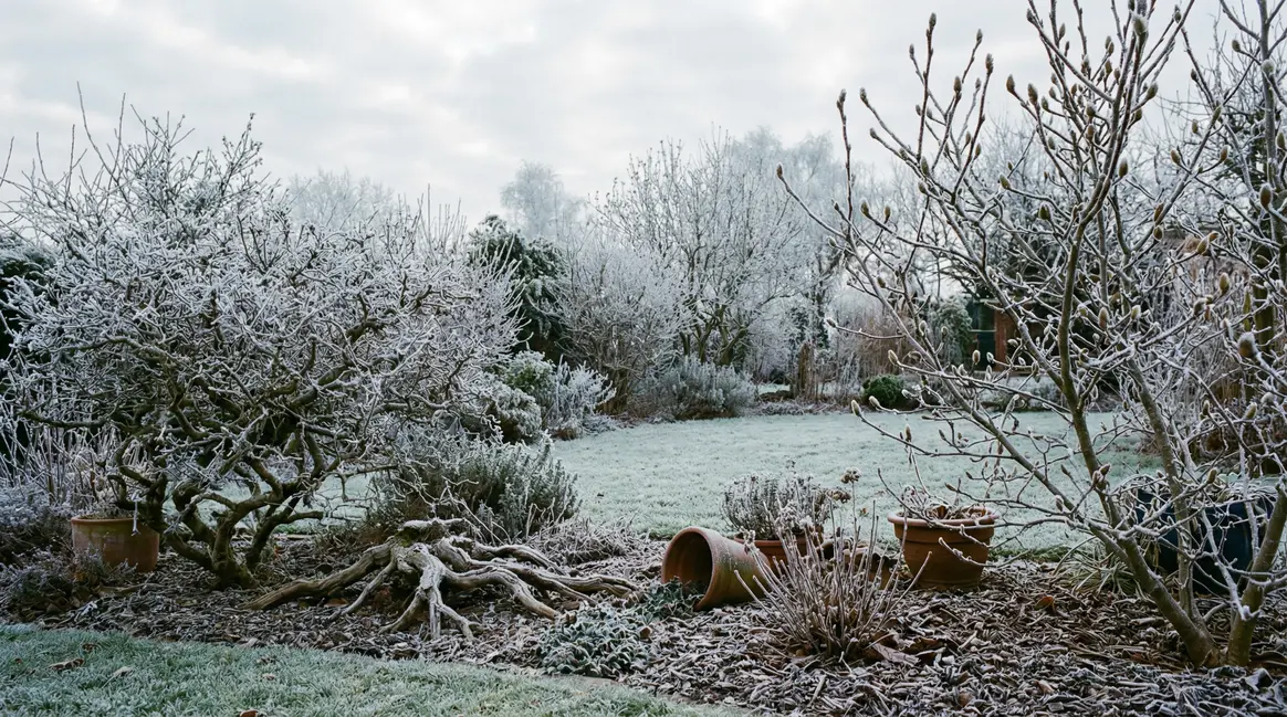 Jardin en hiver givre racines bourgeons protégés