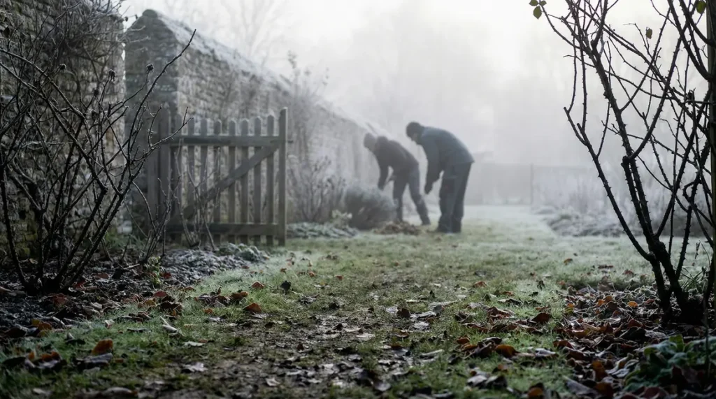 Jardin d'hiver, rosiers nus, portillon, silhouettes dans la brume