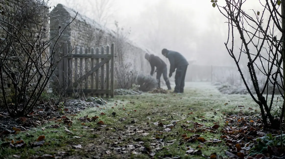 Jardin d'hiver, rosiers nus, portillon, silhouettes dans la brume