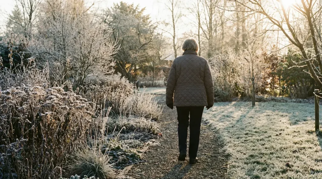 jardin hiver pelouse gelée femme agee