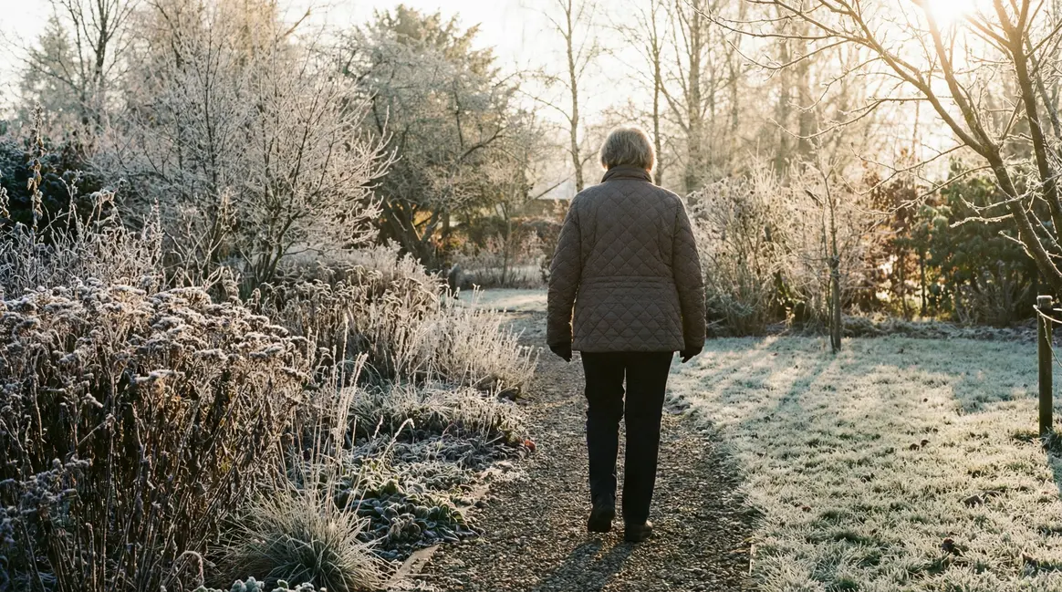 jardin hiver pelouse gelée femme agee