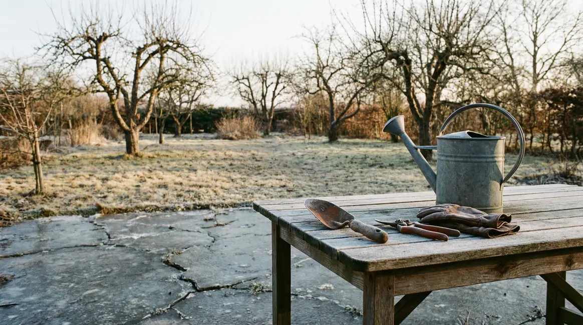 jardin hivernal figé avec outils sur table