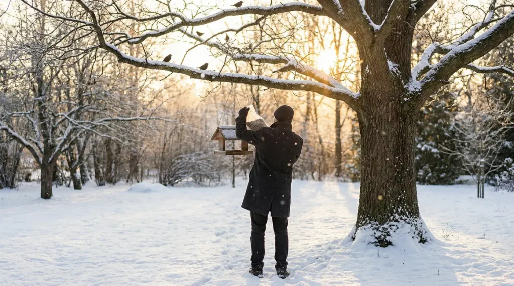 jardin sous la neige avec oiseaux et mangeoire en hiver