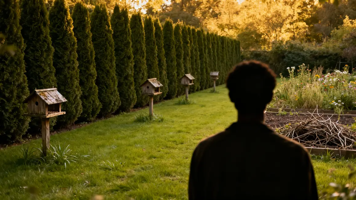 jardin pelouse tondue haie thuyas mangeoires vides