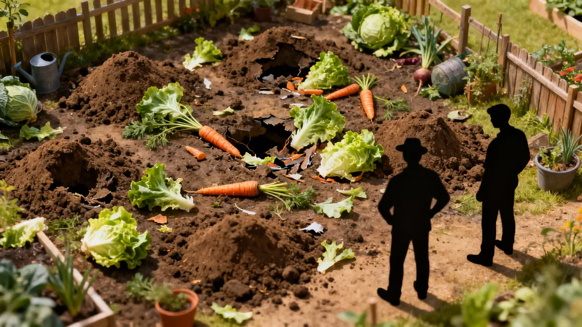 Monticules taupinière dans potager salades carottes abîmées