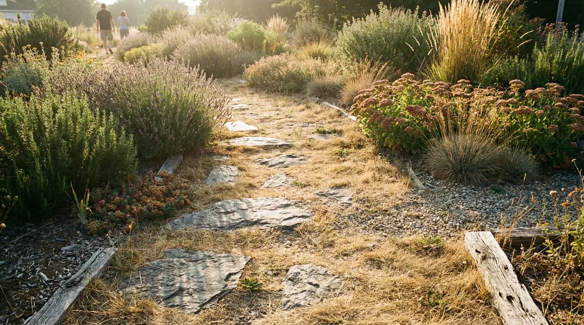 Jardin sec massifs lavande romarin sedum graminées matin dalles pierre