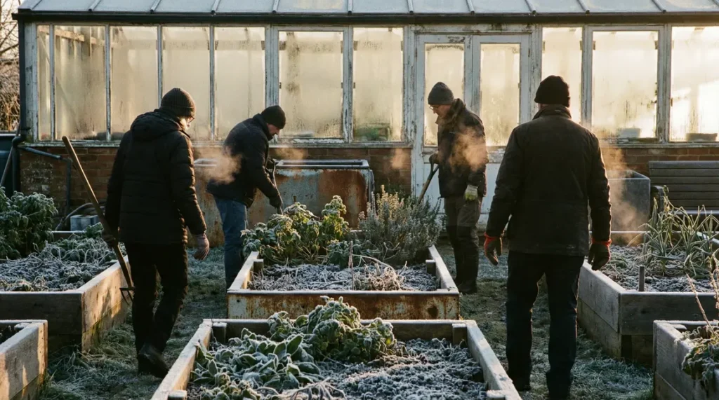 Jardin givré, jardiniers matinaux en hiver