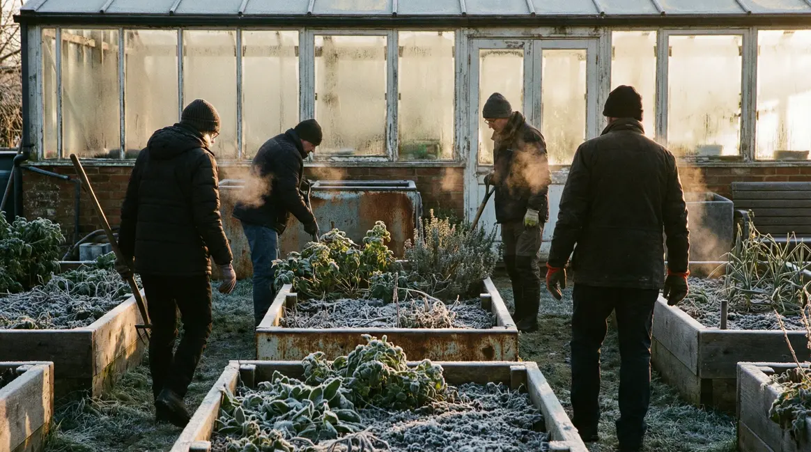 Jardin givré, jardiniers matinaux en hiver