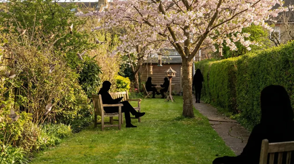jardin urbain printemps herbe verte cerisier haies oiseaux mangeoires