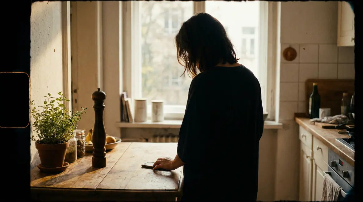 Femme consulte téléphone au petit matin, moulin à poivre et plante en pot