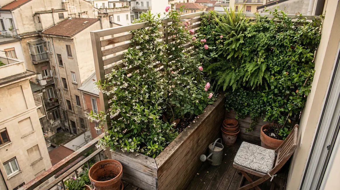 jardiniere avec treillis balcon urbain plante grimpante dense