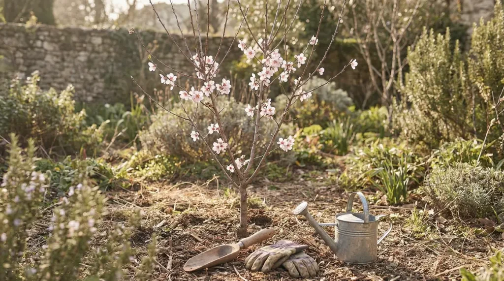 jeune amandier planté avec outils de taille au jardin