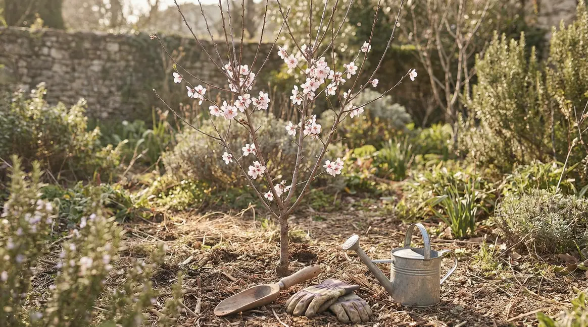 jeune amandier planté avec outils de taille au jardin