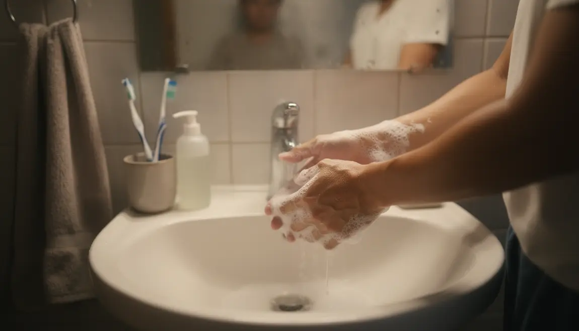 Deux personnes lavant les mains à l'eau chaude au lavabo