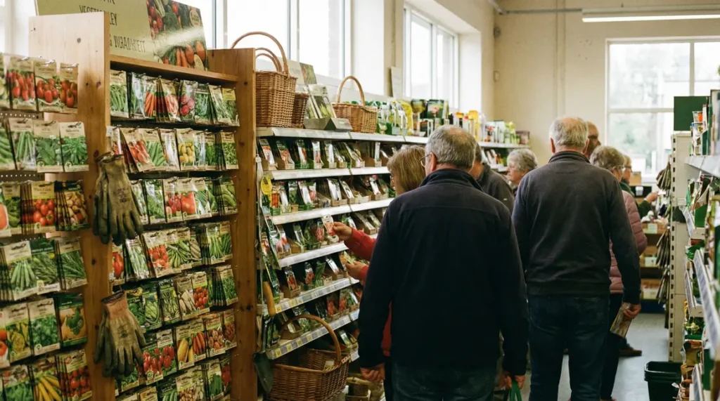 Rayon de supermarche Lidl au Royaume-Uni avec sachets de graines legumes et herbes