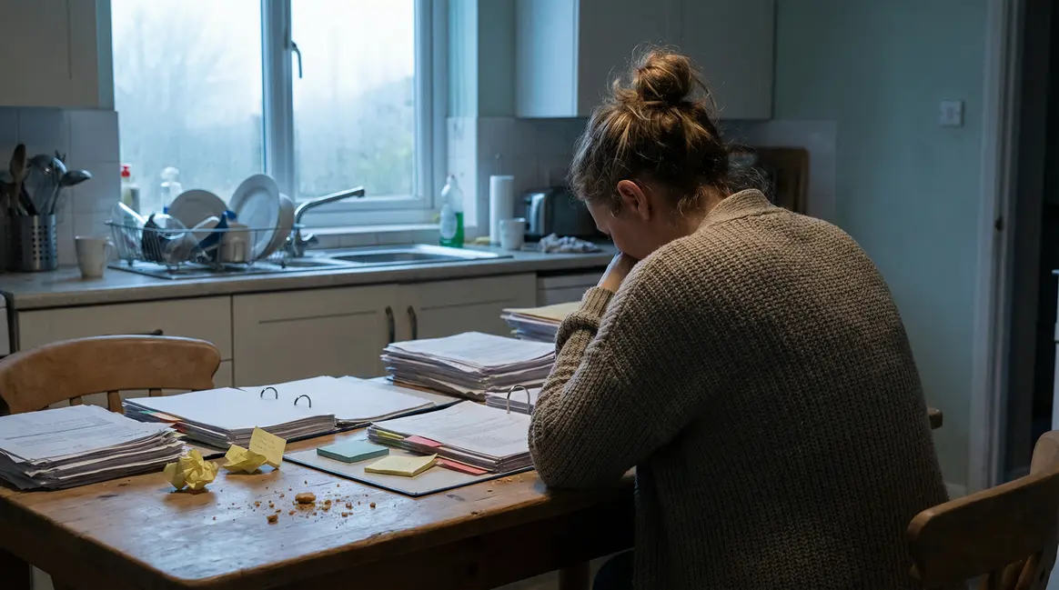 Femme anxieuse consulte documents retraite cuisine matin