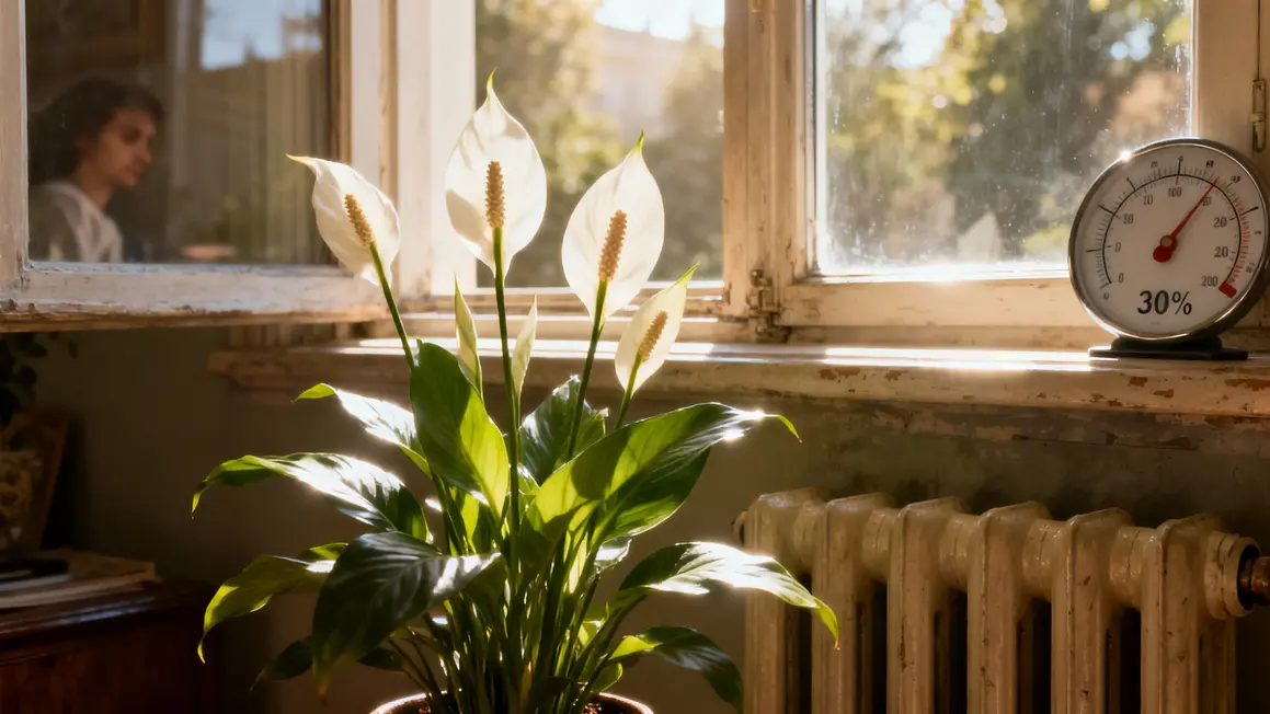 Lis de paix fenêtre radiateur lumière forte humidité basse