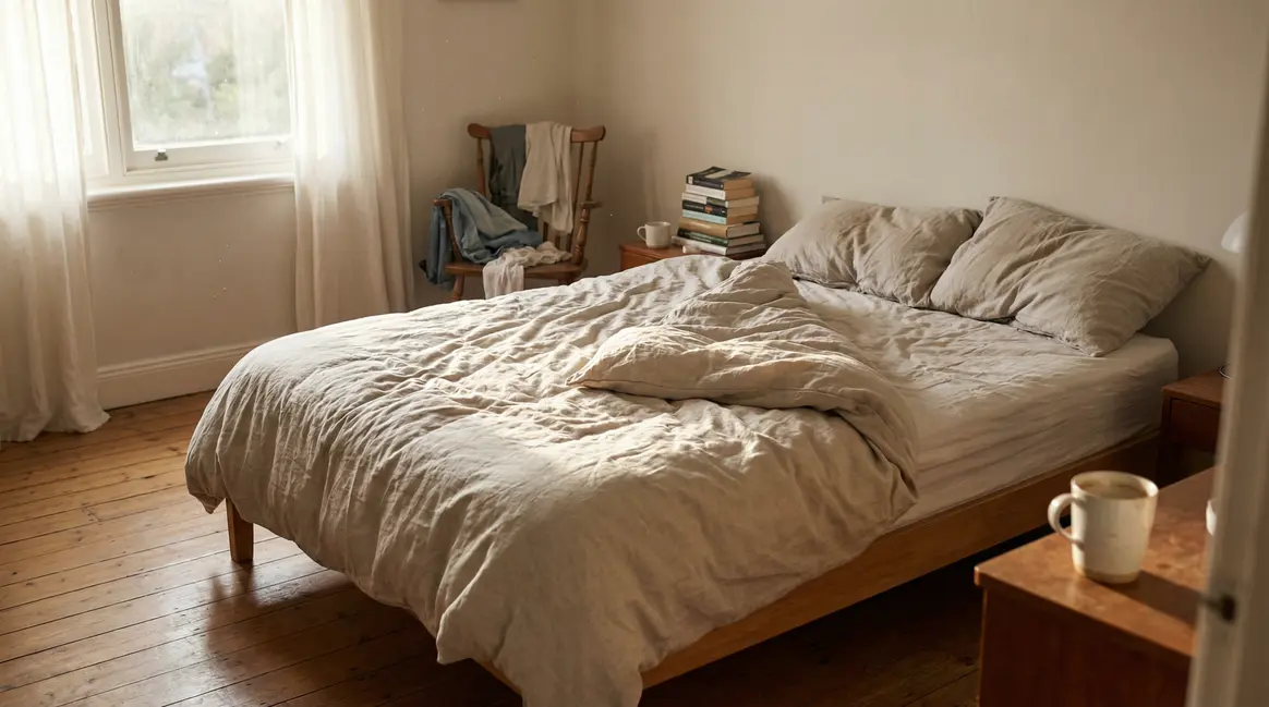 lit défait, lumière du matin, chambre familiale